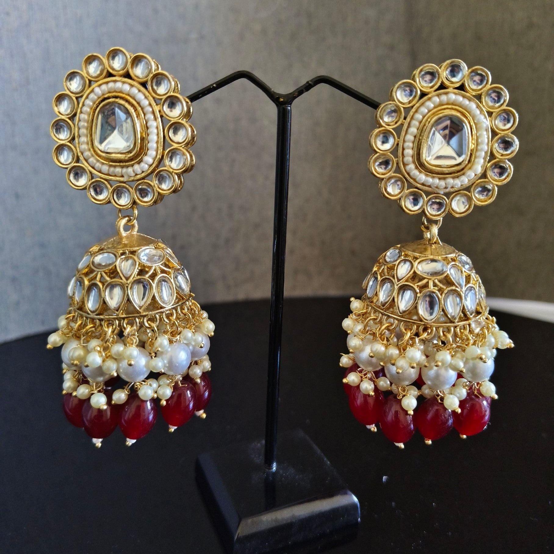 Gold-Plated Kundan Stone Studded Beaded Jhumka Earrings