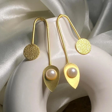 Gold-Plated Leaf Shaped Pearl Drop Earrings
