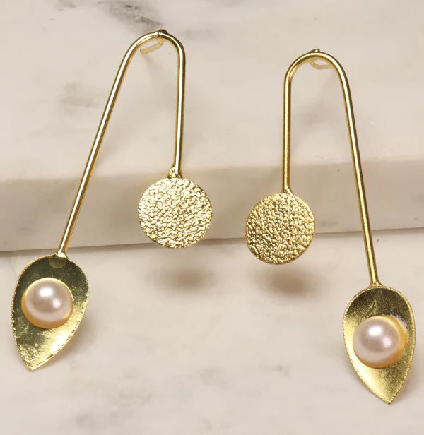 Gold-Plated Leaf Shaped Pearl Drop Earrings