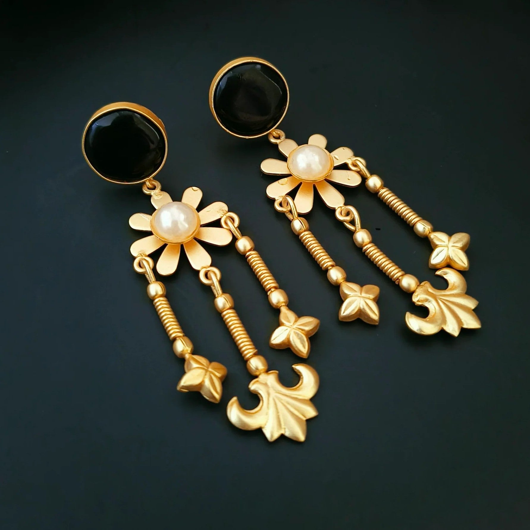 Gold-Plated Matte Finish Pearl Studded Dangler Earrings