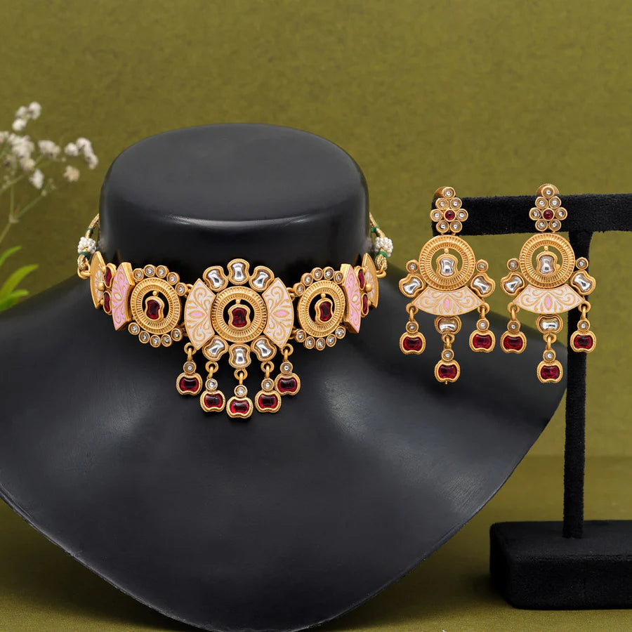 Gold-Plated Meenakari Kundan Studded Choker Necklace Set, Rani