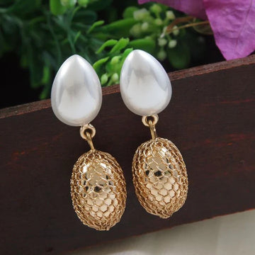 Gold-Plated Mesh Pearl Drop Korean Earrings