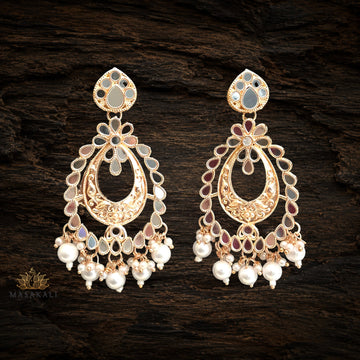 Gold-Plated Mirror-Embellished Chandbali Pearl Dangler Earrings
