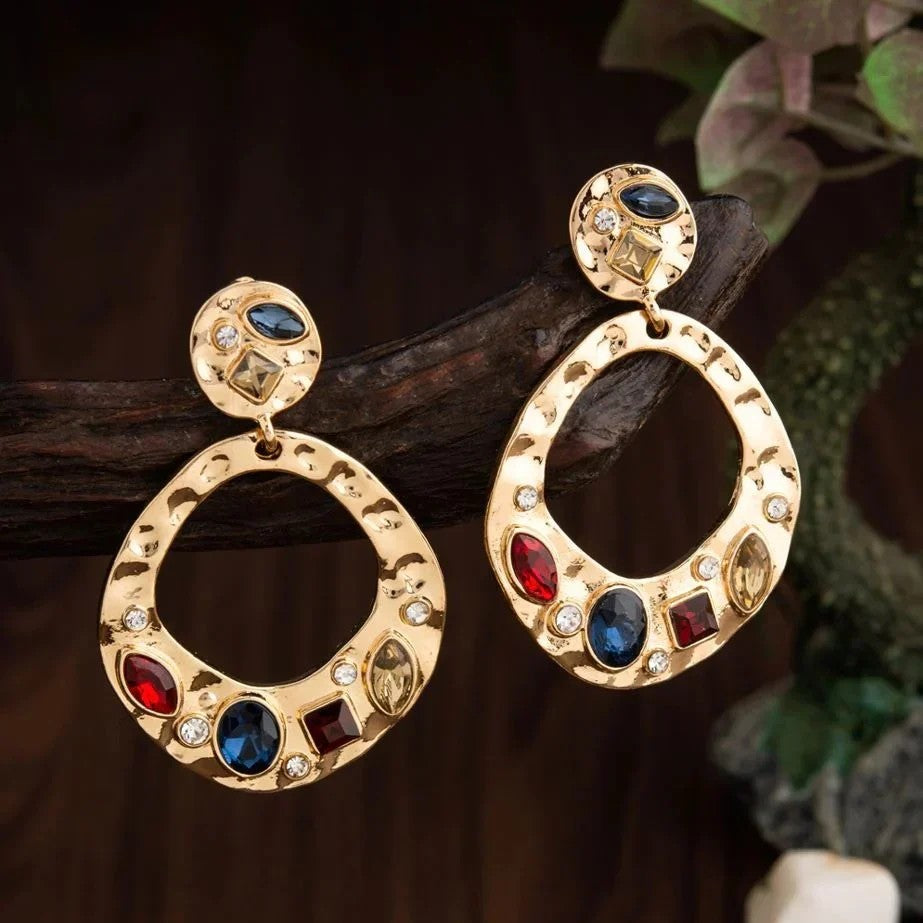 Gold-Plated Multicolored Crystal Stone-Studded Dangler Earrings