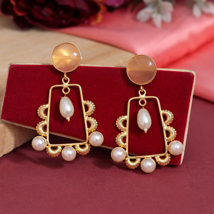Gold-Plated Peach Stone & Pearl Studded Amrapali Earrings