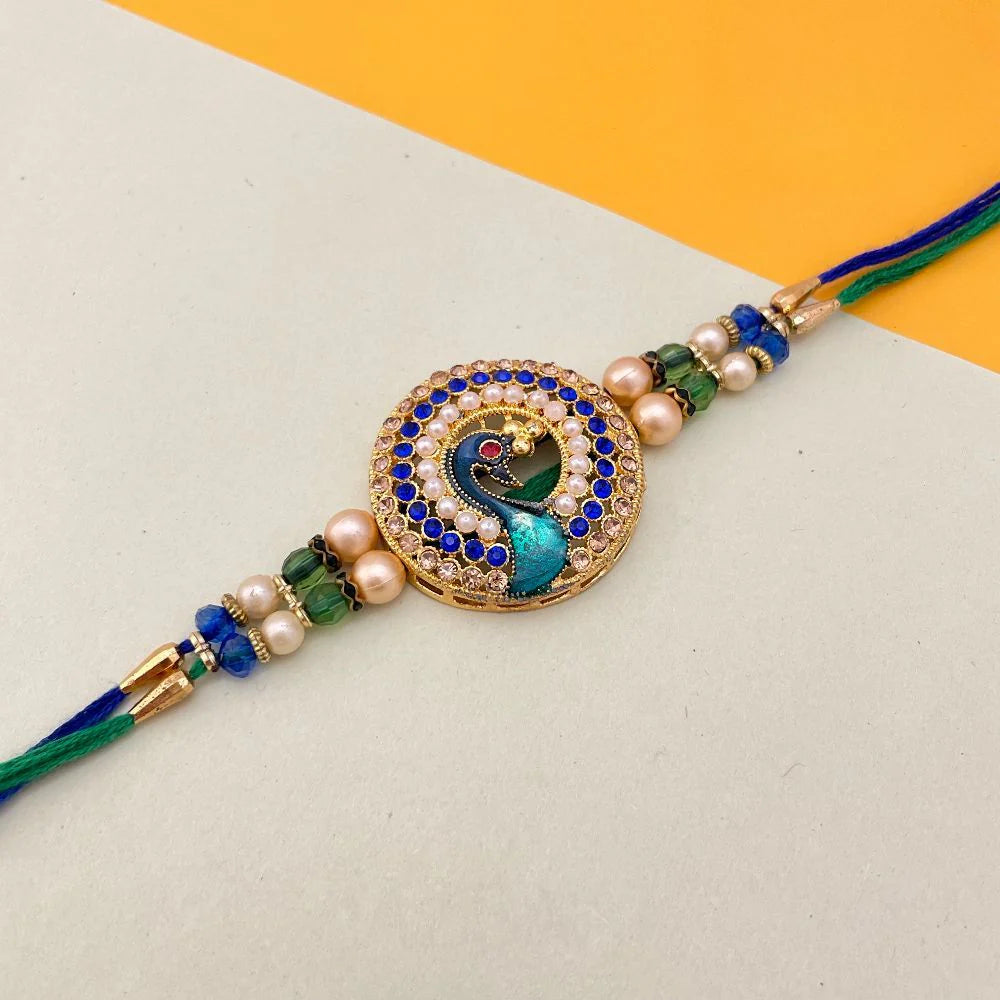 Gold-Plated Peacock Charm Beaded Thread Rakhi
