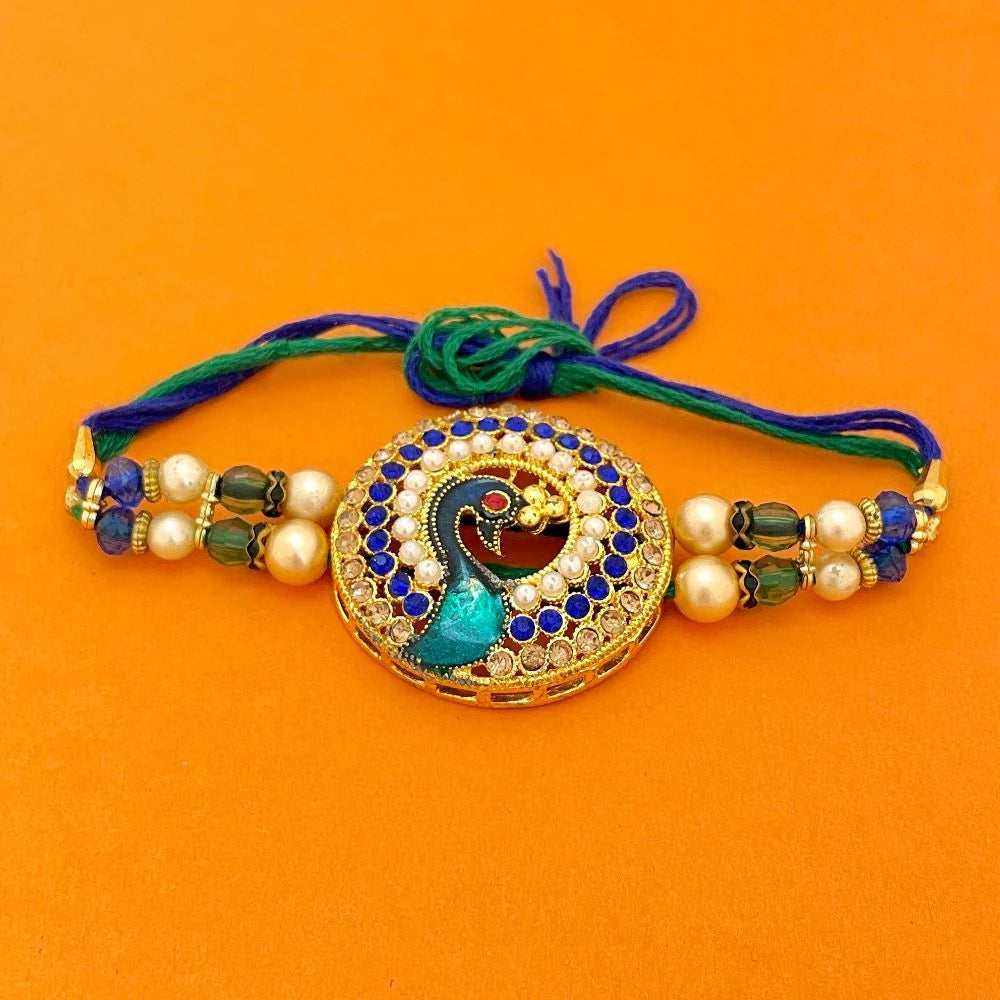 Gold-Plated Peacock Charm Beaded Thread Rakhi
