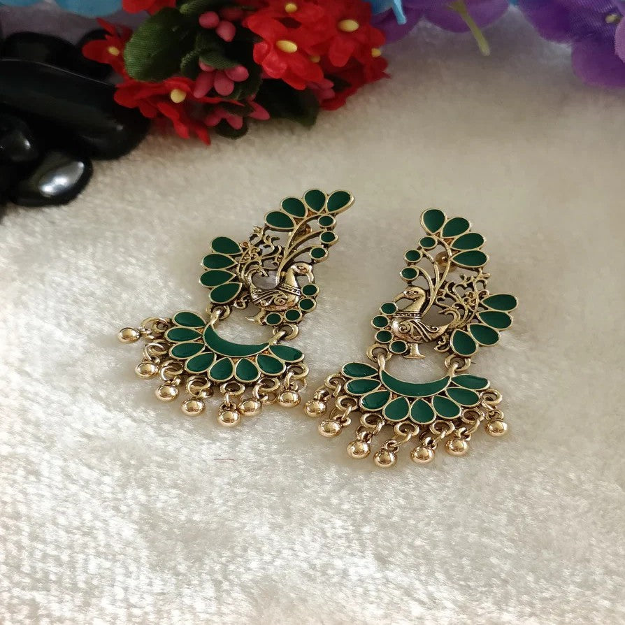 Gold-Plated Peacock Design Antique Meenakari Dangler Earrings