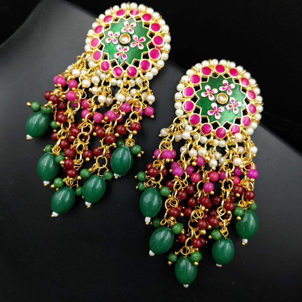 Gold-Plated Pearl-Beaded Meenakari Dangler Earrings, Green