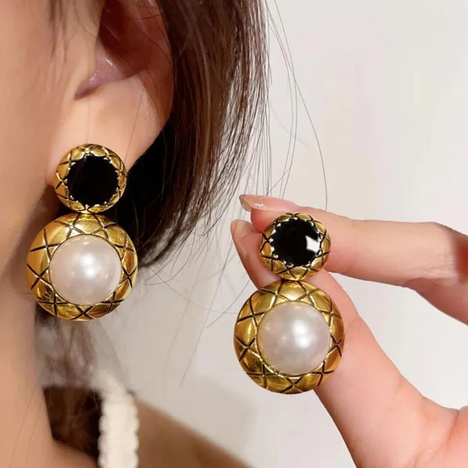 Gold-Plated Pearl Drop Korean Earrings - Main Image