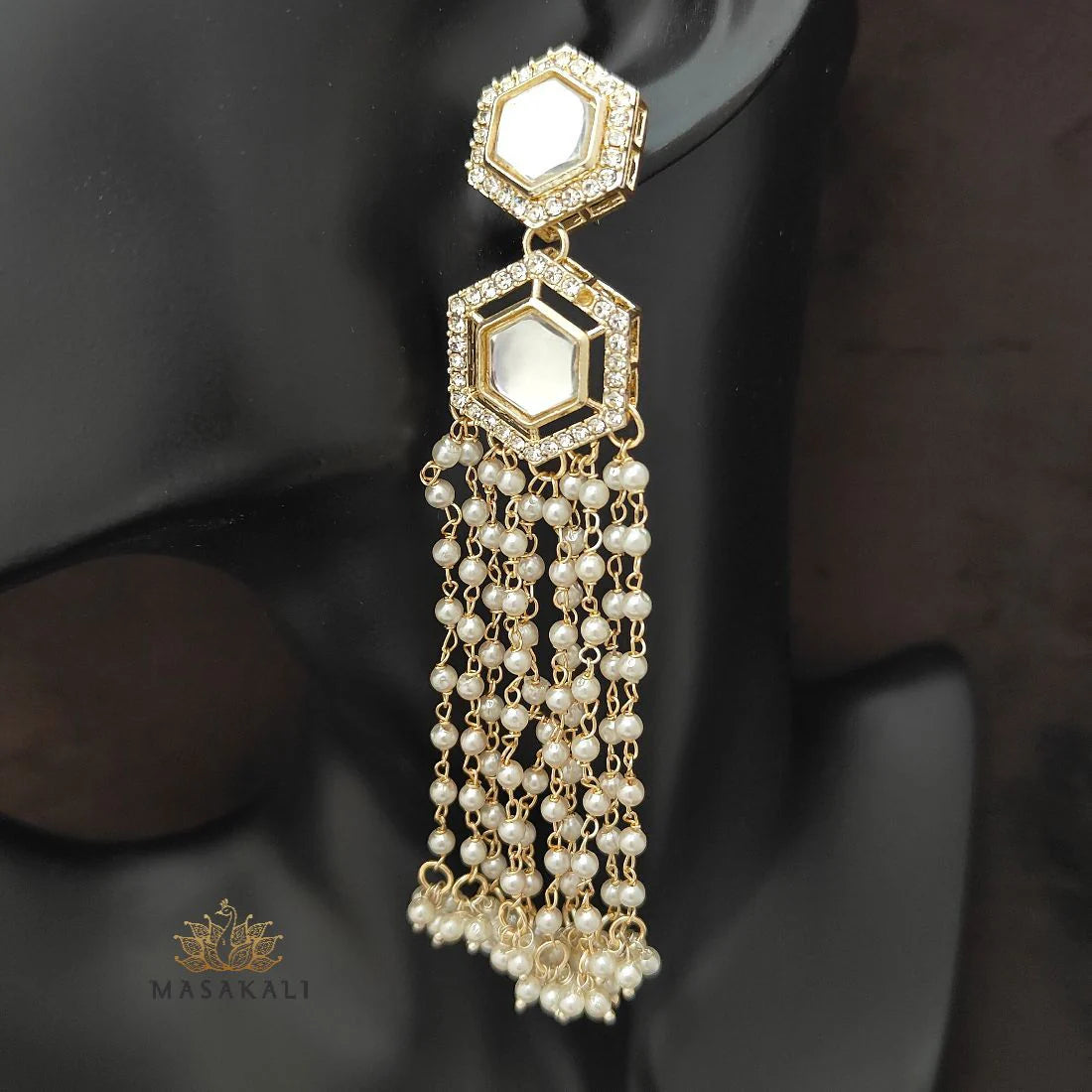 Gold-Plated Pearl & AD Stone-Studded Tassel Dangler Earrings