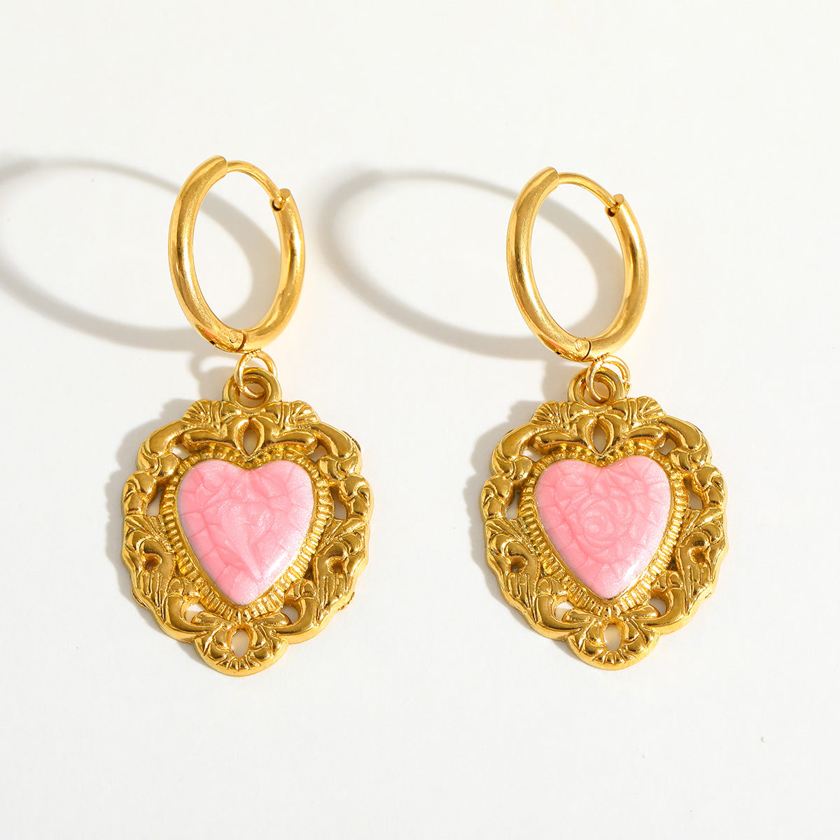 Gold-Plated Pink Enamel Romantic Heart Shaped Statement Earrings