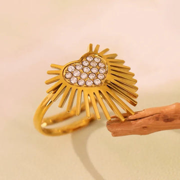 Gold-Plated Radiant Sacred Heart Zircon Embellished Adjustable Finger Ring