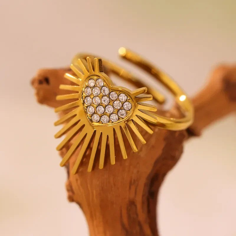 Gold-Plated Radiant Sacred Heart Zircon Embellished Adjustable Finger Ring