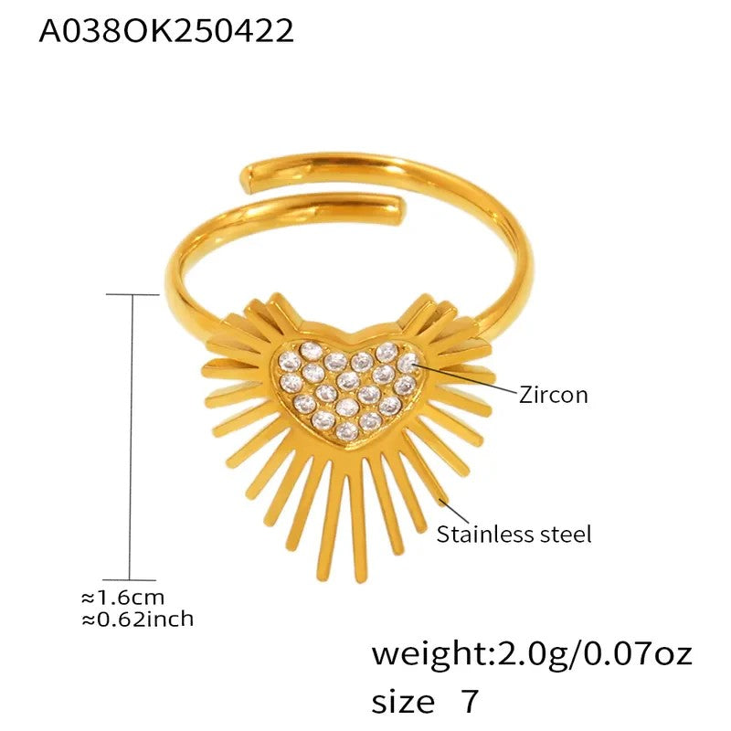 Gold-Plated Radiant Sacred Heart Zircon Embellished Adjustable Finger Ring