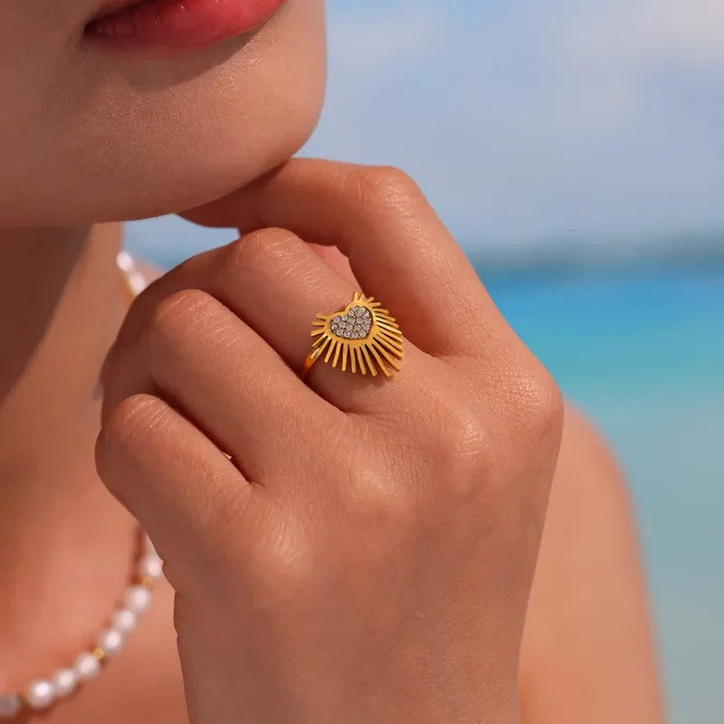 Gold-Plated Radiant Sacred Heart Zircon Embellished Adjustable Finger Ring
