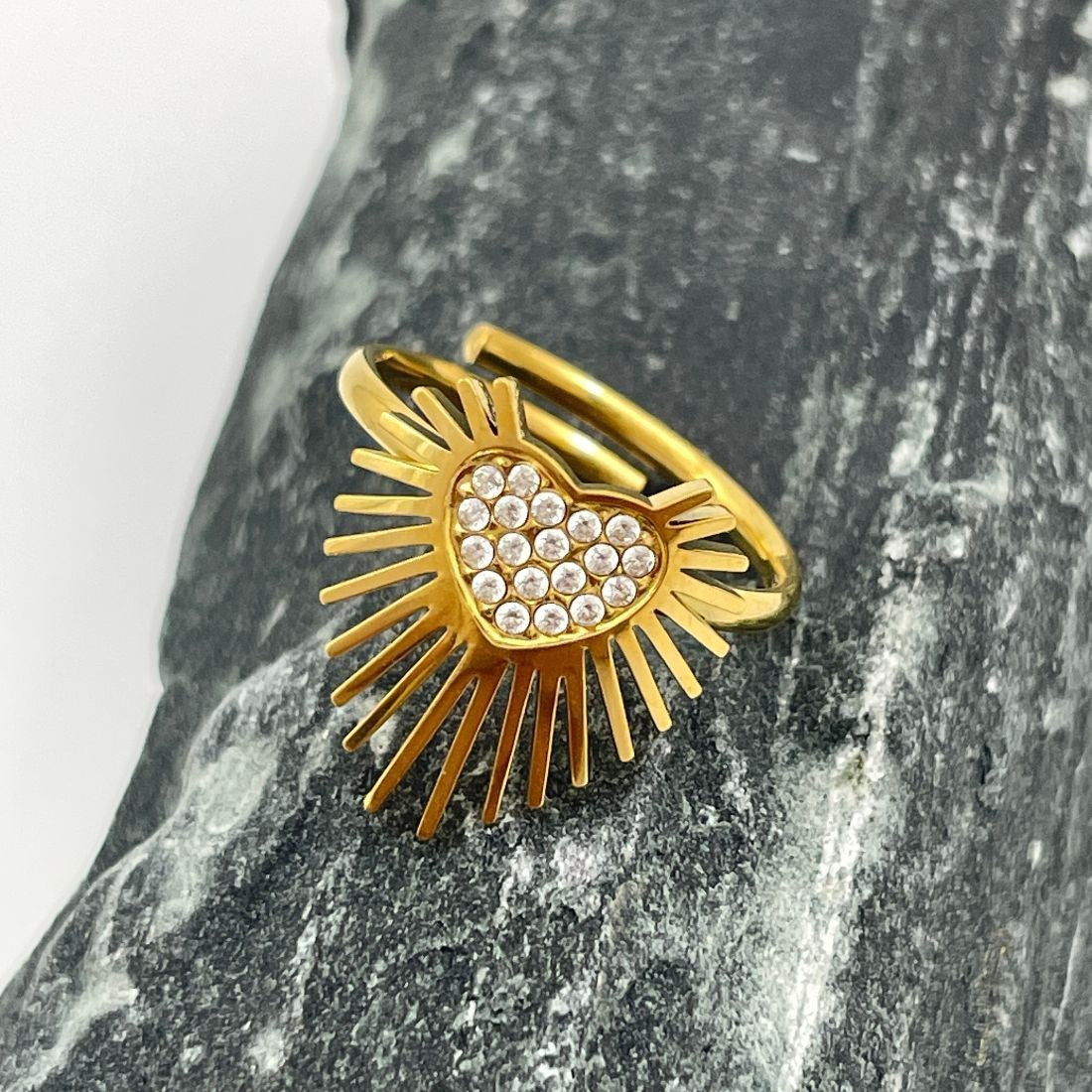 Gold-Plated Radiant Sacred Heart Zircon Embellished Adjustable Finger Ring