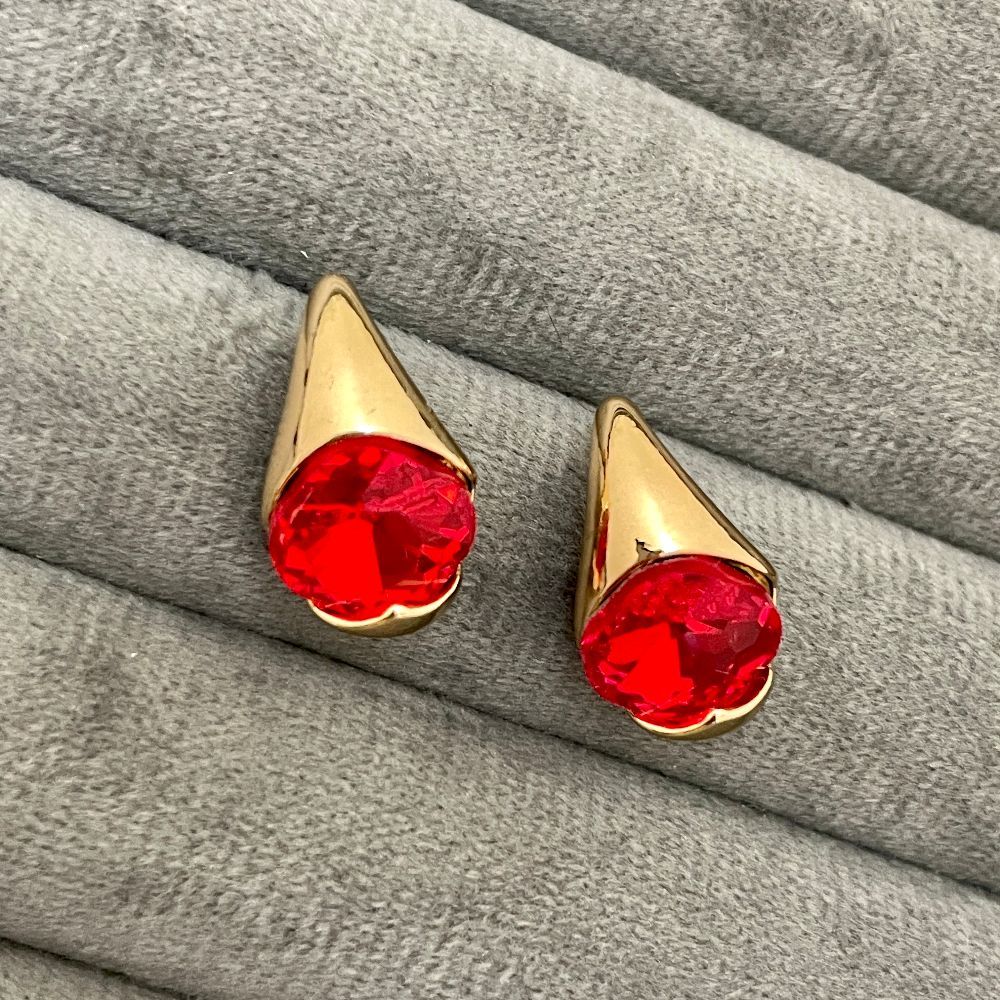 Gold-Plated Red Crystal Korean Stud Earrings