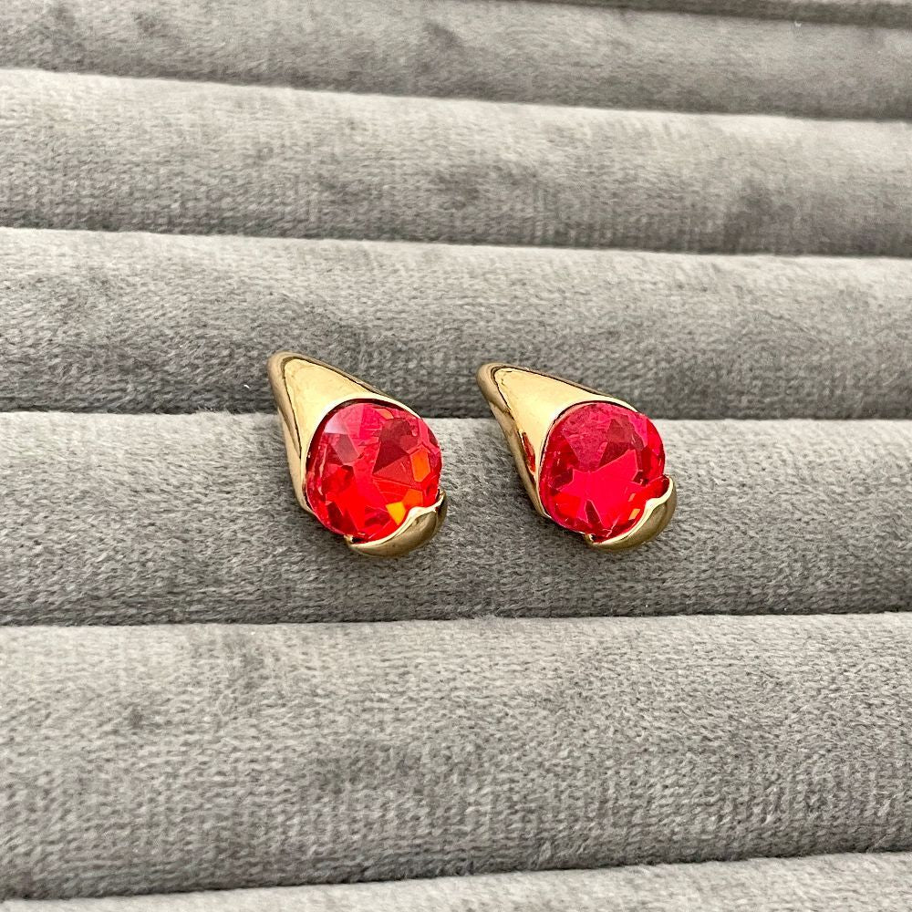 Gold-Plated Red Crystal Korean Stud Earrings