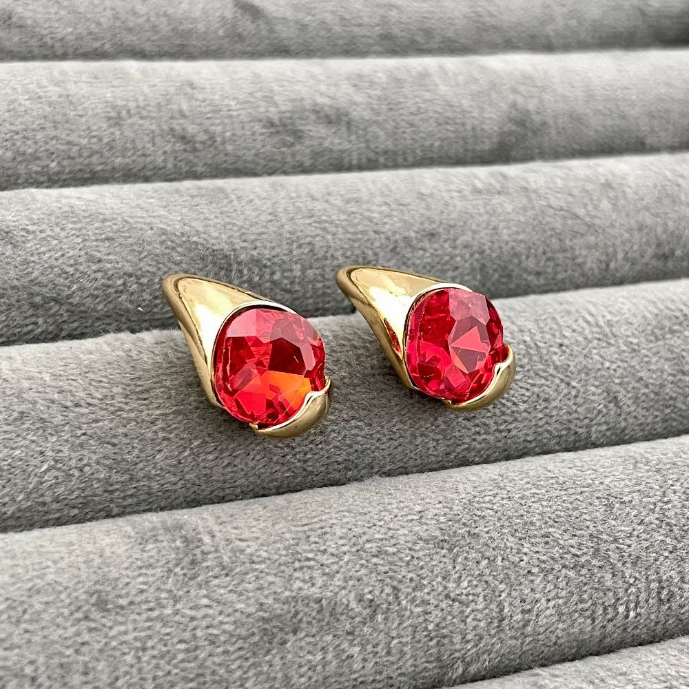 Gold-Plated Red Crystal Korean Stud Earrings