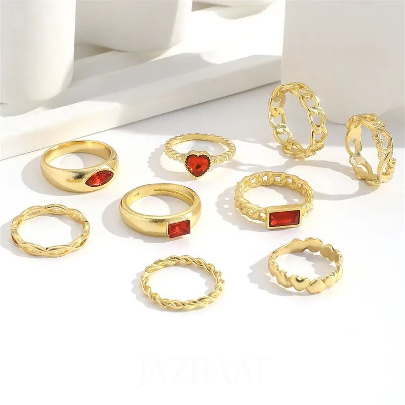 Gold-Plated Red Crystals Stacking Rings 9-Pack