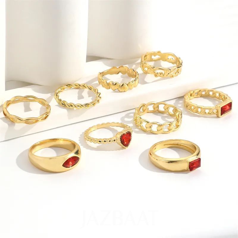 Gold-Plated Red Crystals Stacking Rings 9-Pack