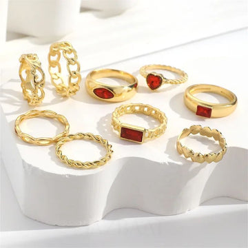 Gold-Plated Red Crystals Stacking Rings 9-Pack