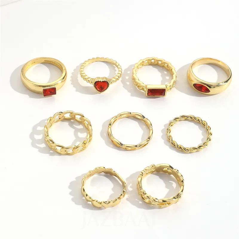 Gold-Plated Red Crystals Stacking Rings 9-Pack