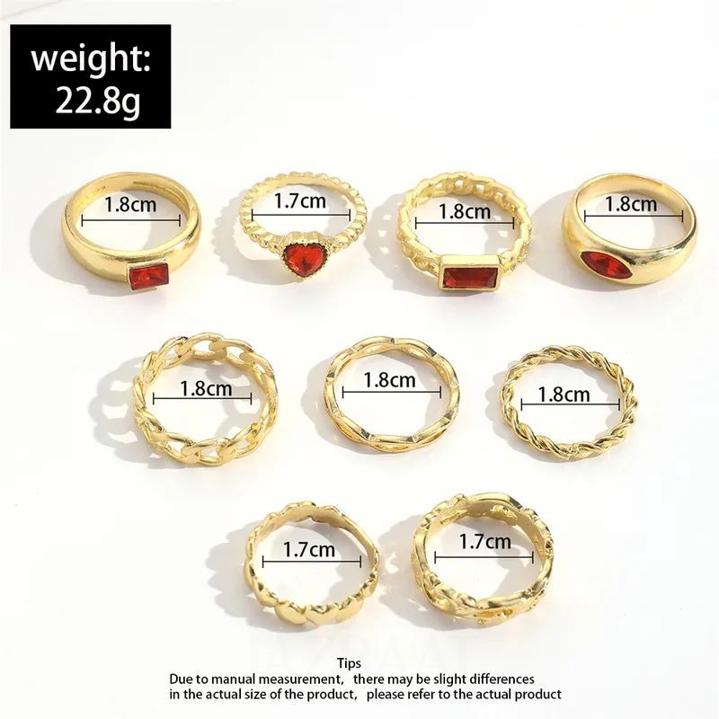 Gold-Plated Red Crystals Stacking Rings 9-Pack