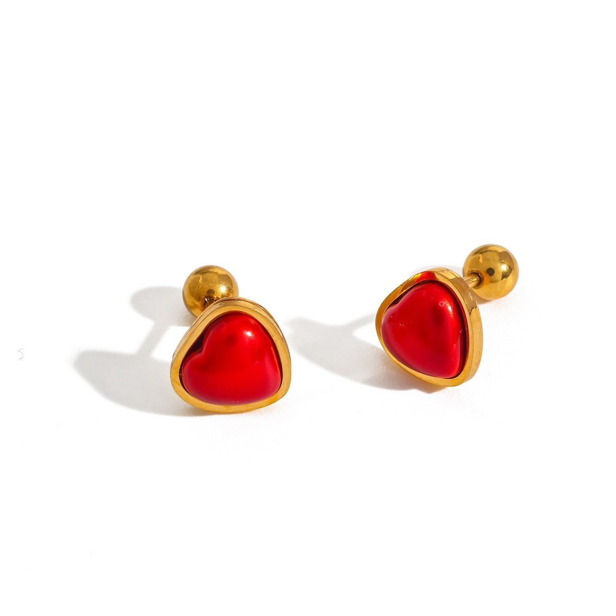 Gold-Plated Red Heart-Shaped Stud Earrings