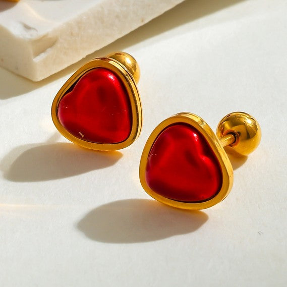 Gold-Plated Red Heart-Shaped Stud Earrings