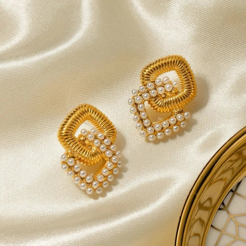 Gold-Plated Rhombus-Shaped Pearl Studded Earrings