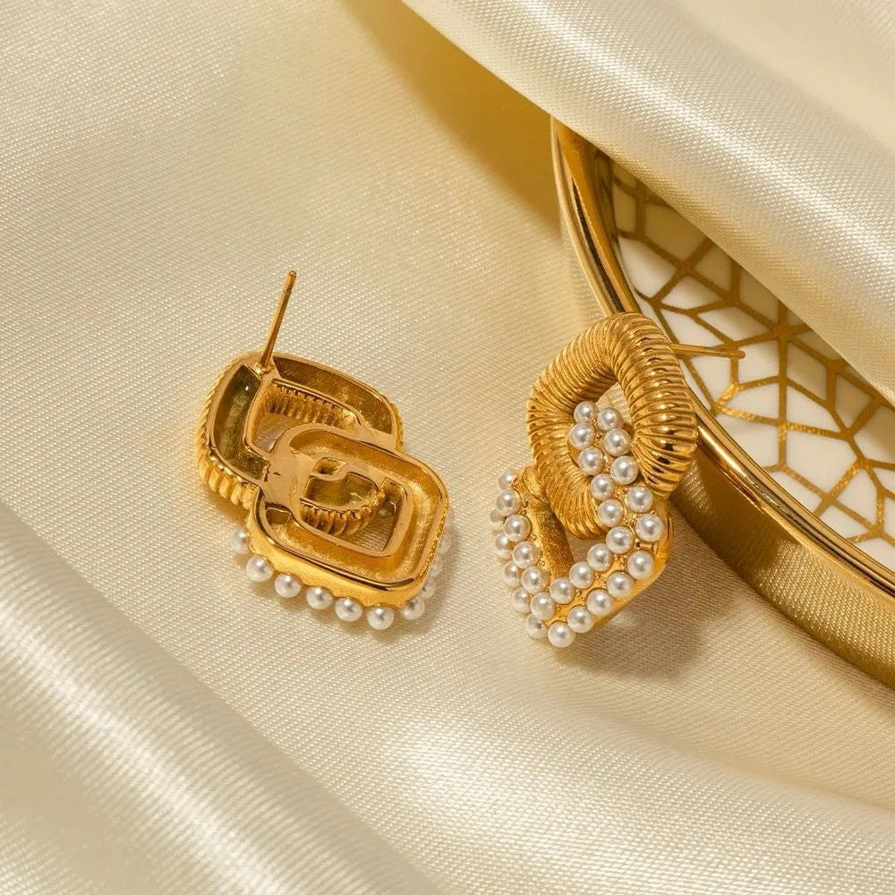 Gold-Plated Rhombus-Shaped Pearl Studded Earrings