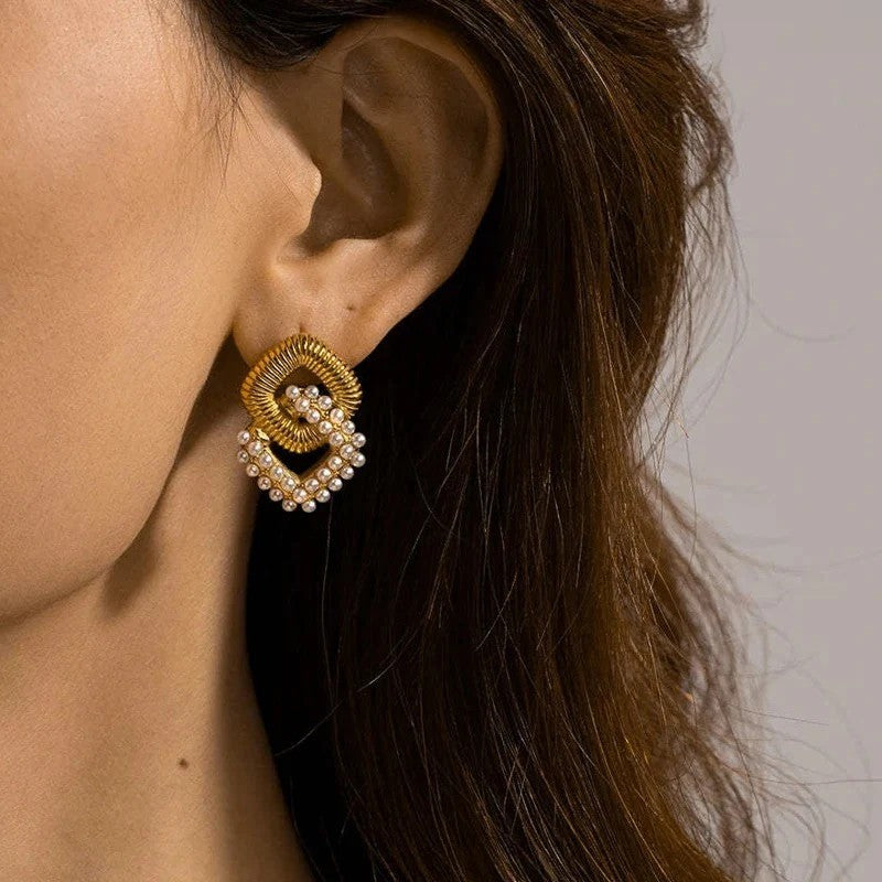 Gold-Plated Rhombus-Shaped Pearl Studded Earrings