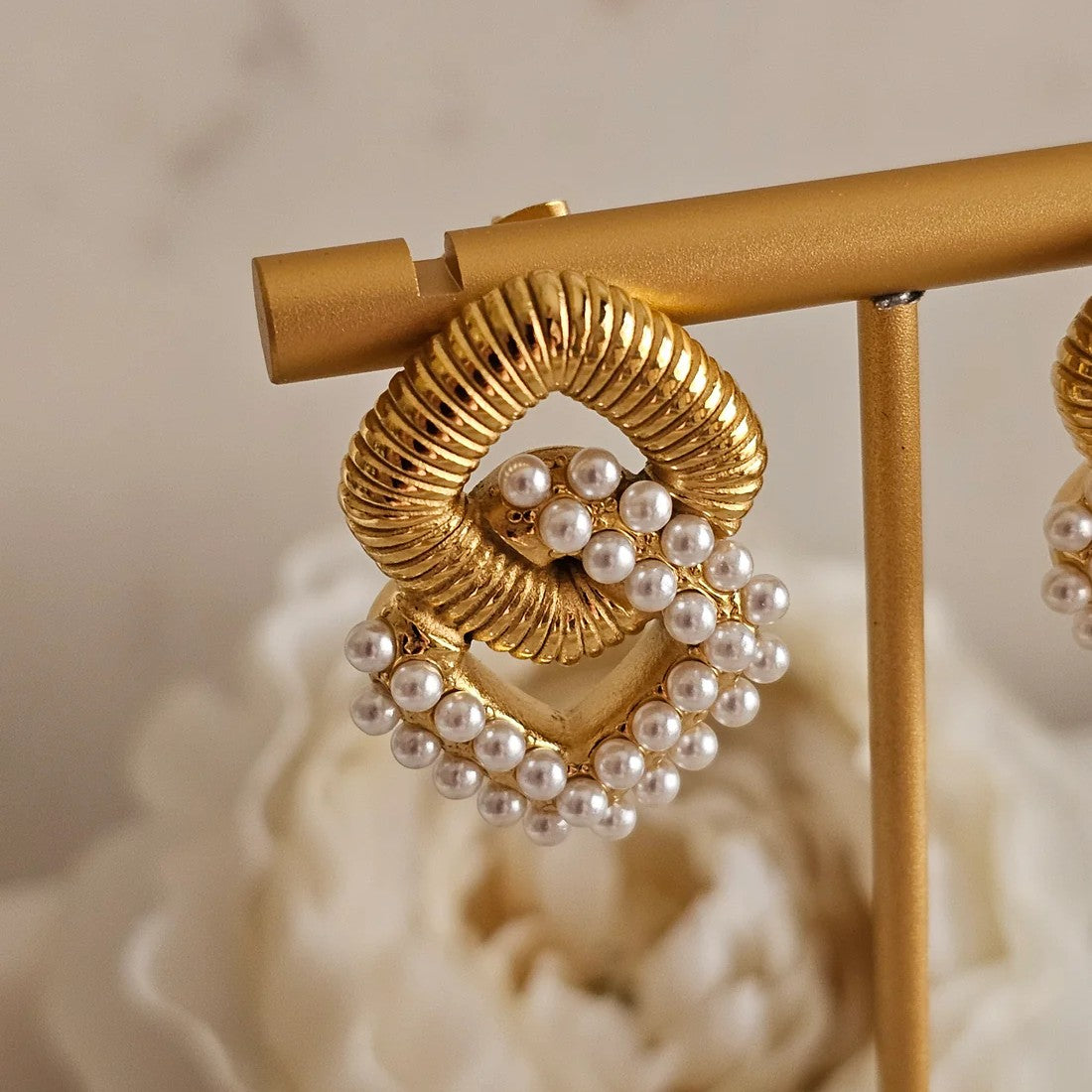 Gold-Plated Rhombus-Shaped Pearl Studded Earrings
