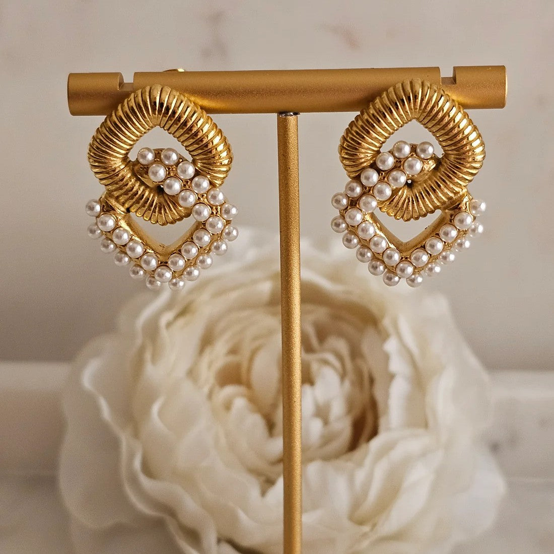 Gold-Plated Rhombus-Shaped Pearl Studded Earrings