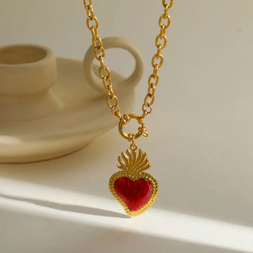 Gold-Plated Romantic Red Sacred Heart Pendant Necklace
