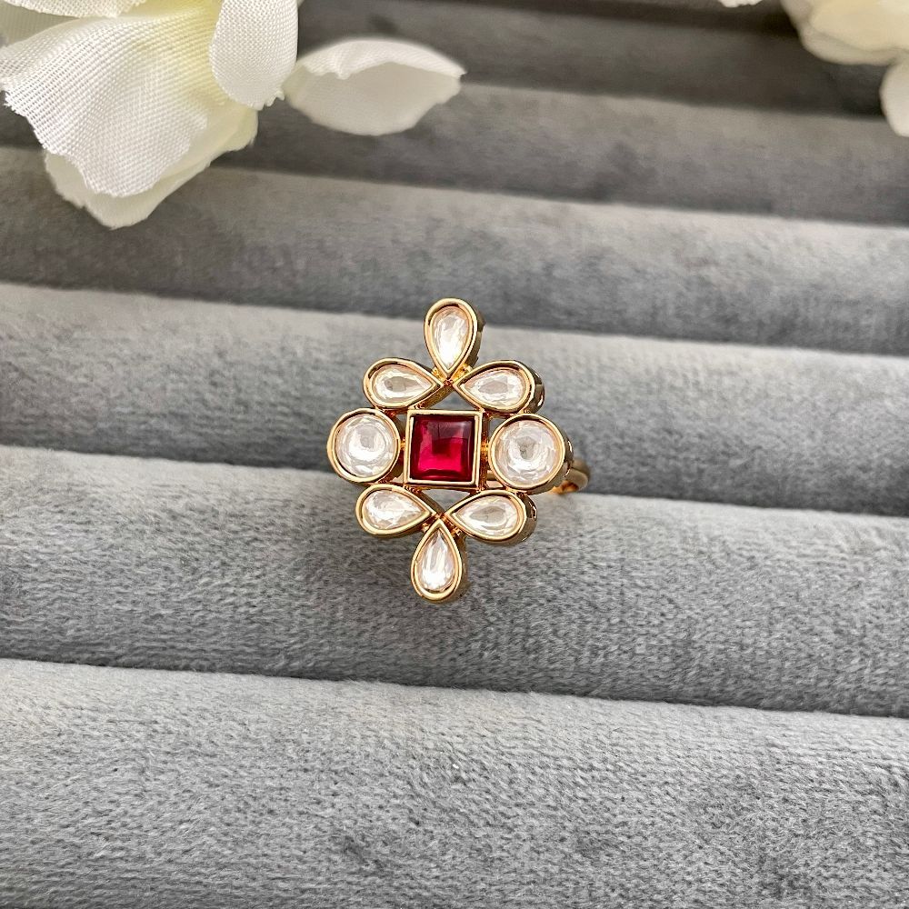 Gold-Plated Ruby Stone-Studded Adjustable Kundan Ring