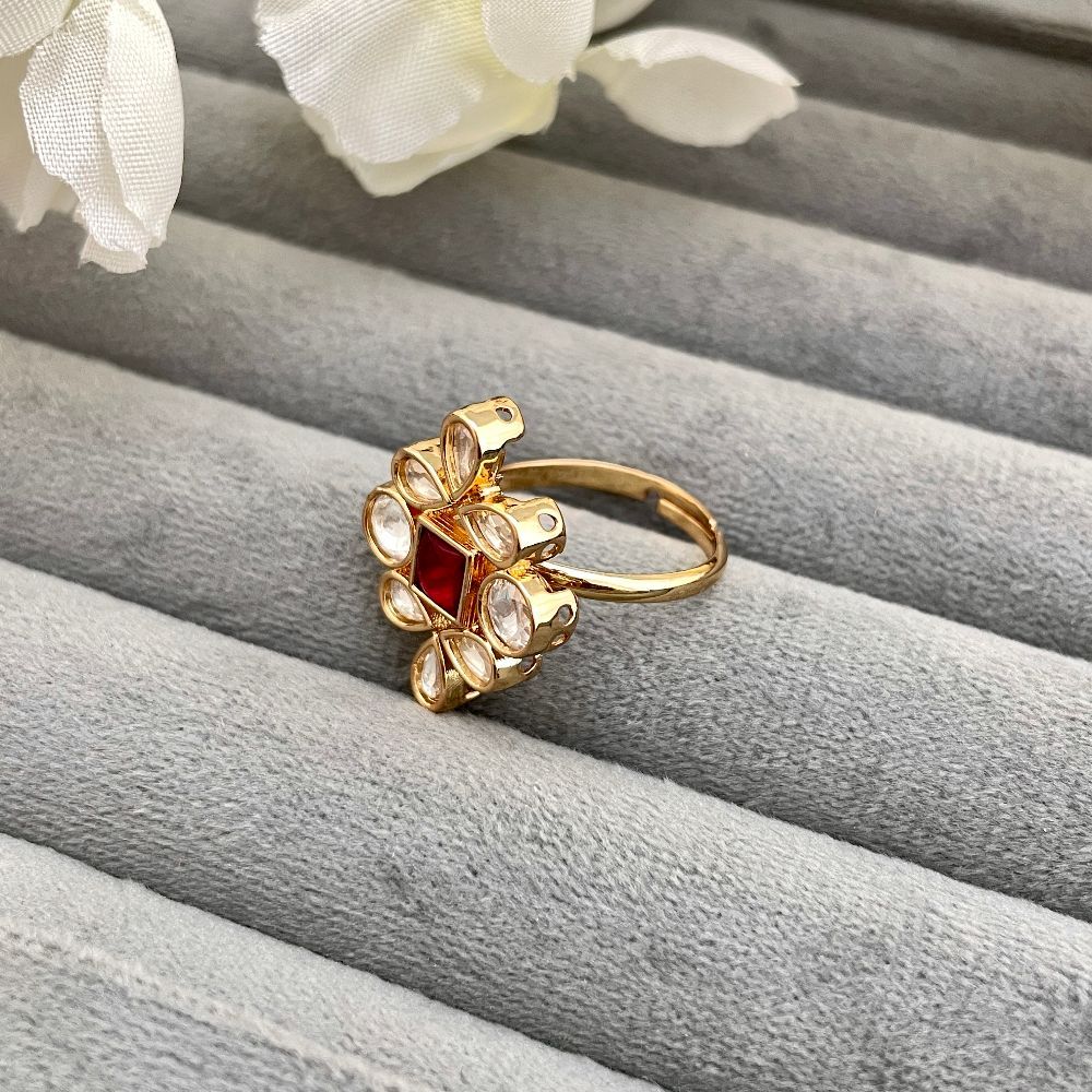Gold-Plated Ruby Stone-Studded Adjustable Kundan Ring