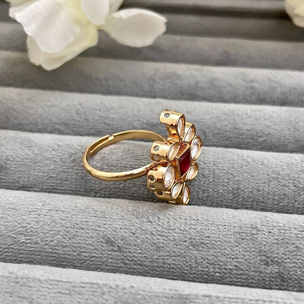 Gold-Plated Ruby Stone-Studded Adjustable Kundan Ring