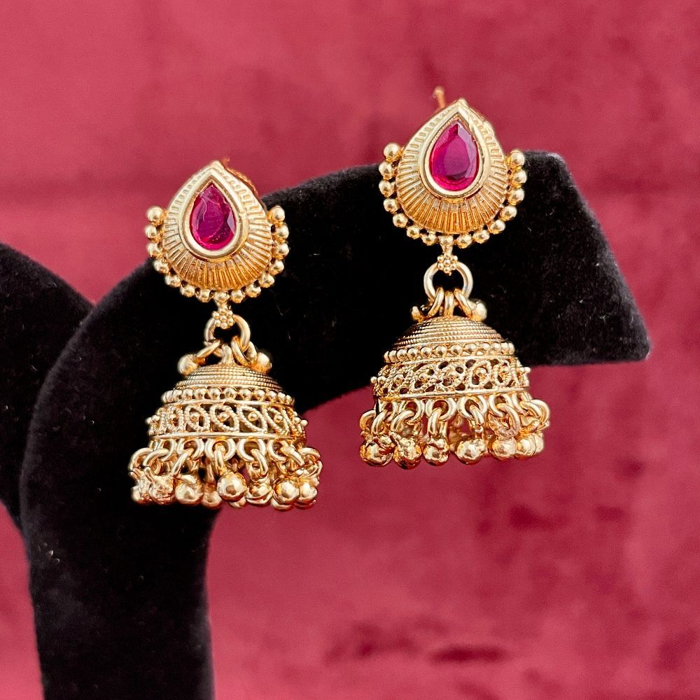 Gold-Plated Ruby Stone-Studded Designer Jhumka Earrings
