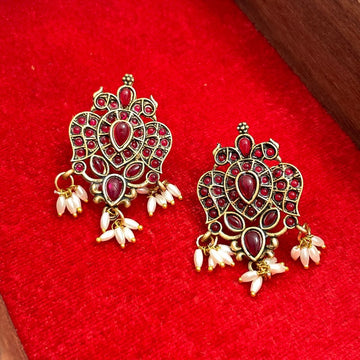 Gold-Plated Ruby Stone Studded Handmade Beaded Earrings