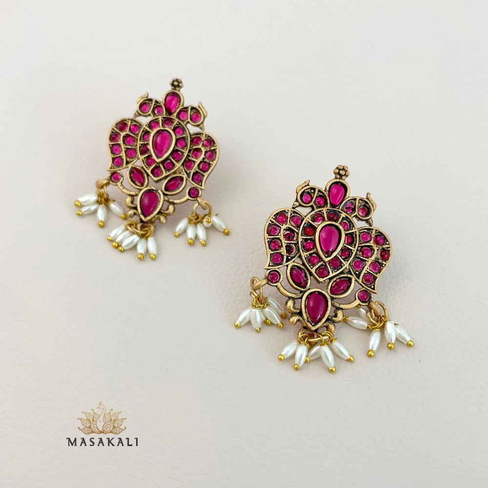 Gold-Plated Ruby Stone Studded Handmade Beaded Earrings