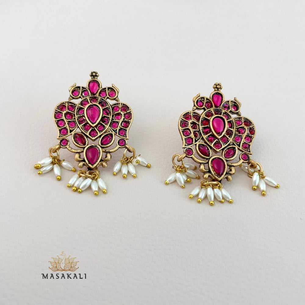 Gold-Plated Ruby Stone Studded Handmade Beaded Earrings