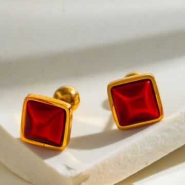 Gold-Plated Square Shaped Red Stud Earrings