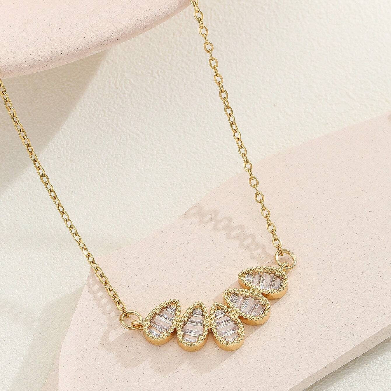 Gold-Plated Stainless Steel Raindrop-Shaped Zirconia Embedded Pendant Necklace
