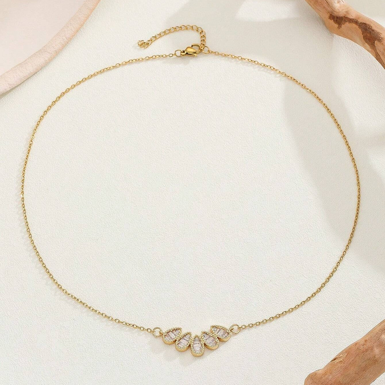 Gold-Plated Stainless Steel Raindrop-Shaped Zirconia Embedded Pendant Necklace