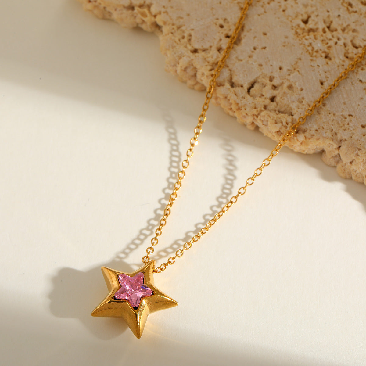 Gold-Plated Star-Shaped Pink Zirconia Studded Pendant Necklace