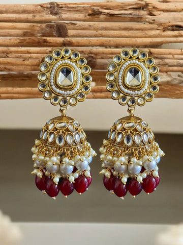 Gold-Plated Stone Studded & Beaded Jhumkas, Classic Kundan Pearl Earrings (MDYJ1028)