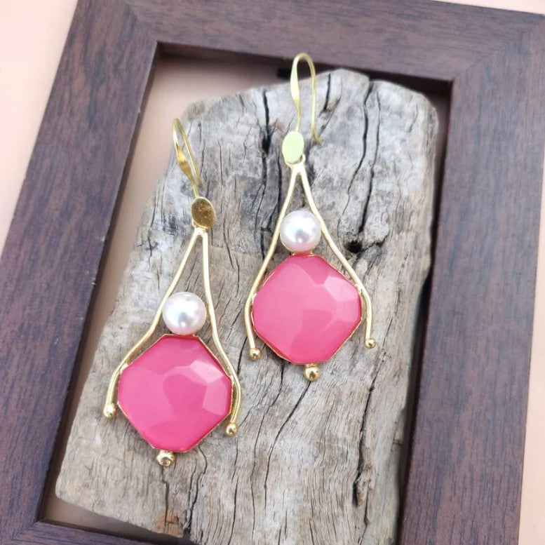 Gold-Plated Stone & Pearl Studded Dangler Earrings (MERDRP178)